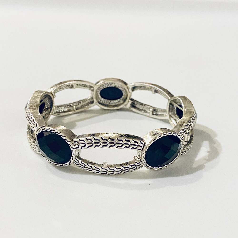 Silver Stretch Bracelet with Black Stones